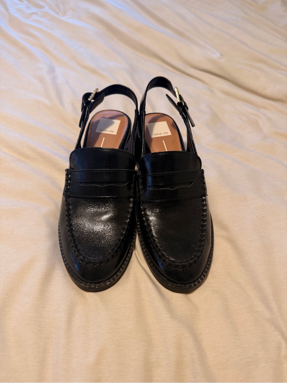 Dolce Vita Black Leather Penny Slingback Loafers with Gold Buckle - Picture 2 of 4
